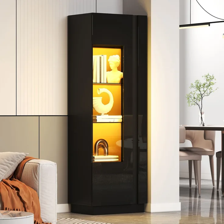Vitrine 60 x 40 x 180 cm aus Spanplatte, mit Acrylglastür und LED-Beleuchtung, Schwarz