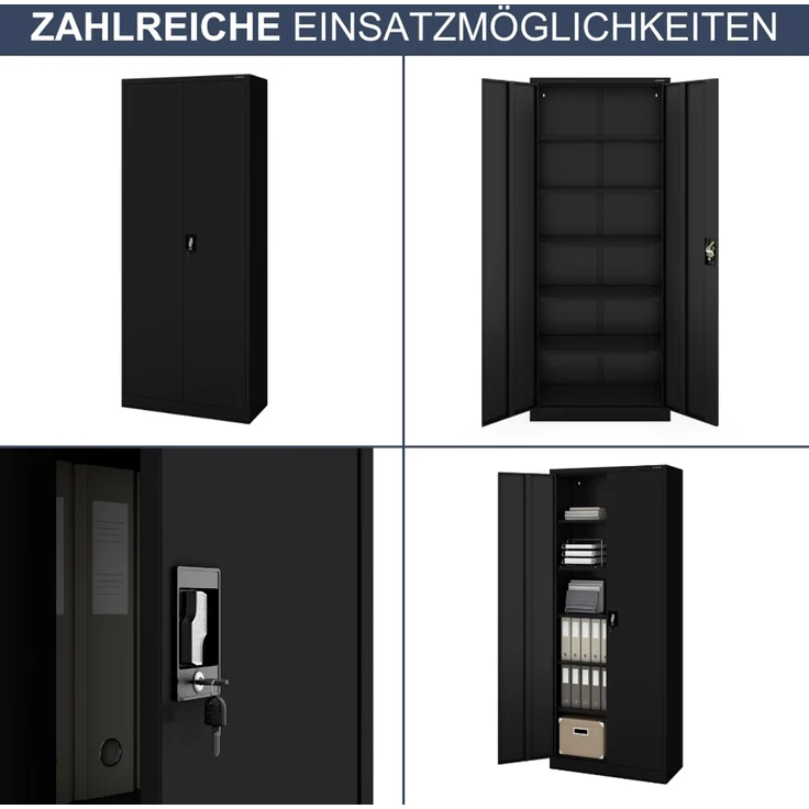 Aktenschrank abschließbar KADO - 6 Ebenen verstellbar, Flügeltüren | Metallschrank Werkstatt Mehrzweckschrank Büroschrank aus Stahl Werkzeugschrank, 220 x 90 x 40 cm Schwarz – Bild 6