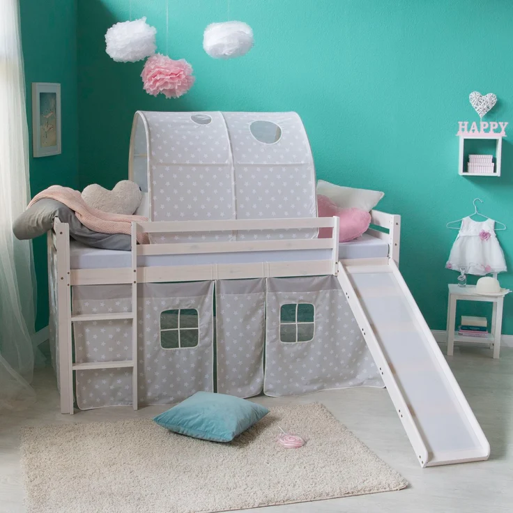 Hochbett mit Lattenrost 90x200 Rutsche Stockbett Weiß Kinderbett Holz Kiefer Vorhang Tunnel Sterne grau – Bild 2