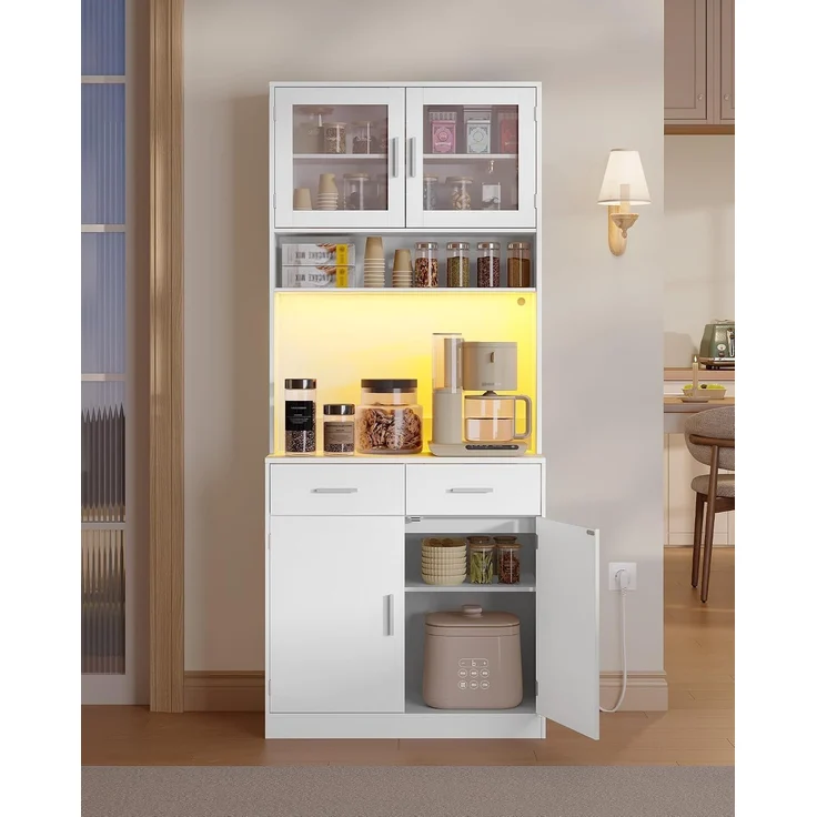 Buffetschrank, Küchenschrank mit 2 Schubladen, Hochschrank mit Steckdosenleiste und LED-Beleuchtung, 2 Schranktüren mit Glasfront, Küche, Wohnzimmer, 40 x 80 x 190 cm, Weiß – Bild 1