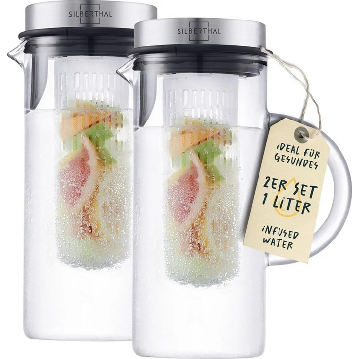 SILBERTHAL Wasserkaraffe 2er Set 1 Liter Glaskaraffe mit Fruchtsieb und Deckel, (2-tlg), für Kalt- & Heißgetränke – Bild 1