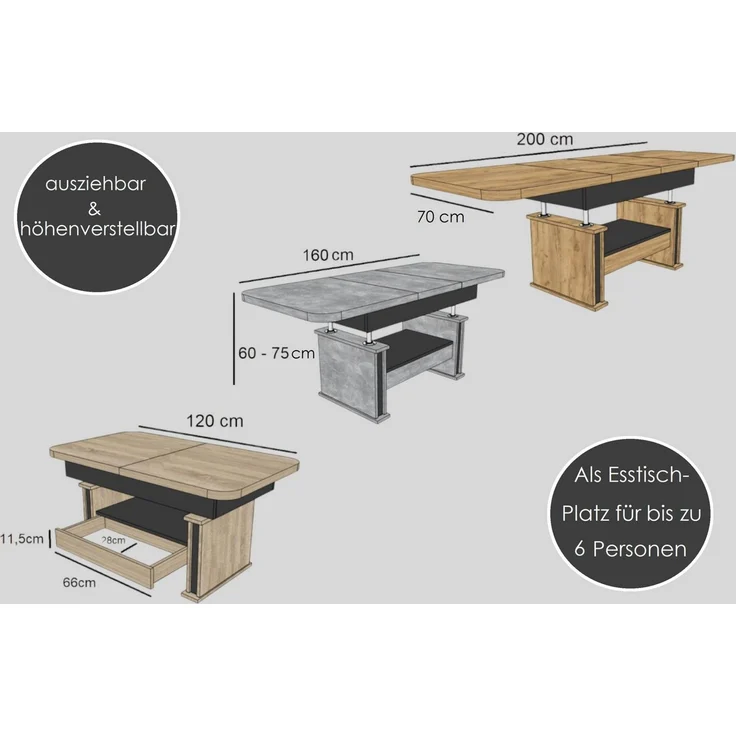 designimpex Couchtisch Design DA-555 Schublade höhenverstellbar ausziehbar 120/200 cm Tisch, Funktionstisch, Wohnzimmertisch, Tisch, Esstisch, Sofatisch, Schublade – Bild 3