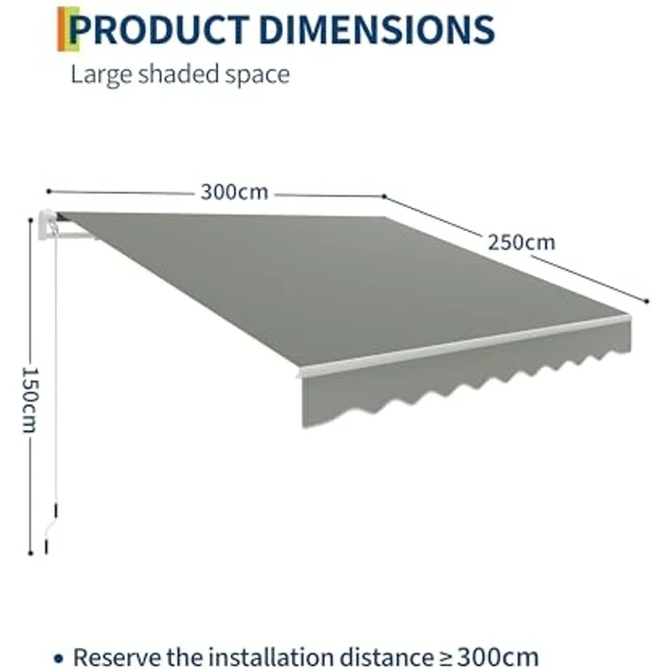 GarveeHome Gelenkarmmarkise 300x250 cm, UV50+ & wasserabweisend, mit Kurbel & Wandhalterung Länge + Winkel einstellbar, Markise für Terrasse & Balkon, Sonnenschutz Balkonmarkise Gelenkmarkise – Bild 2