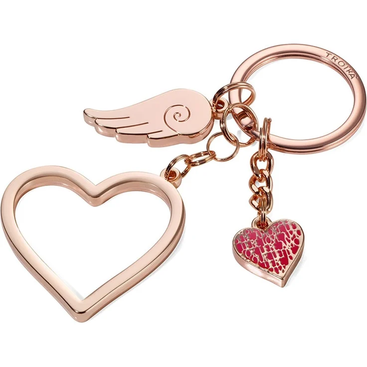Troika Schlüsselanhänger mit 3 Anhängern Herz groß, Herz klein Flügel rose-gold