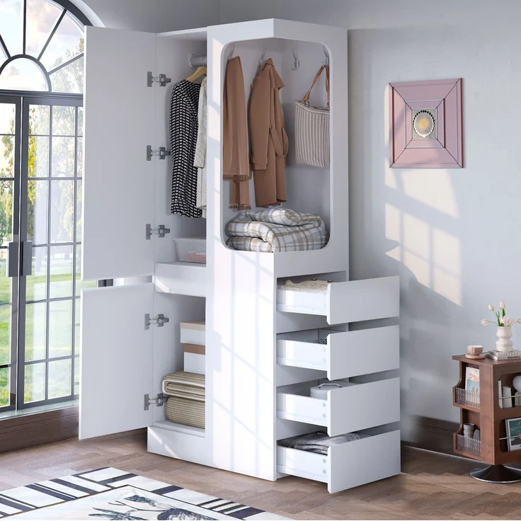CHICFURN Kleiderschrank, Weiß, 70x170x40 cm, mit 4 Schubladen und offenem Kleiderbereich – Bild 1