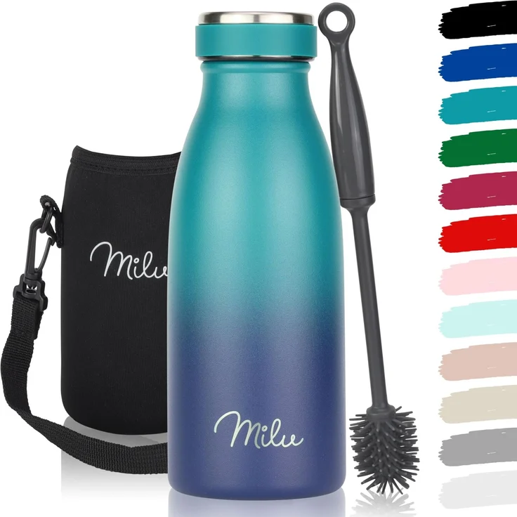 Milu Edelstahl Trinkflasche 350ml, 500ml, 750ml, 1L, 1,5L – Thermosflasche für Kinder Erwachsene auslaufsicher Isolierflasche Kohlensäure geeignet– inkl. Reinigungsbürste (Grün Blau, 350ml)