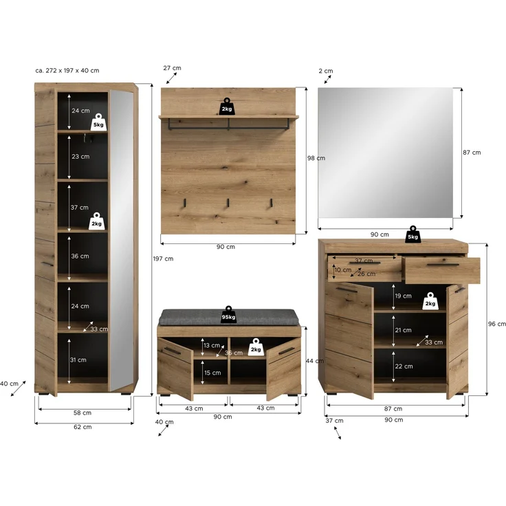 Garderobenkombination inkl. Sitzkissen (B/H/T: 272x197x40 cm) in Evoke Oak Nachbildung – Bild 4
