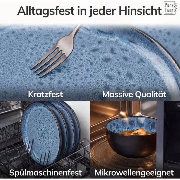 Steingut Geschirrset 12 Pers. Ibiza 48-tlg Hochwertiges Mediterranes TEST SEHR GUT Steingut Geschirr Set - Schüssel- und Teller Set - Tafelservice 12 Personen Geschirrsets Pure Living in Tiefblau – Bild 4