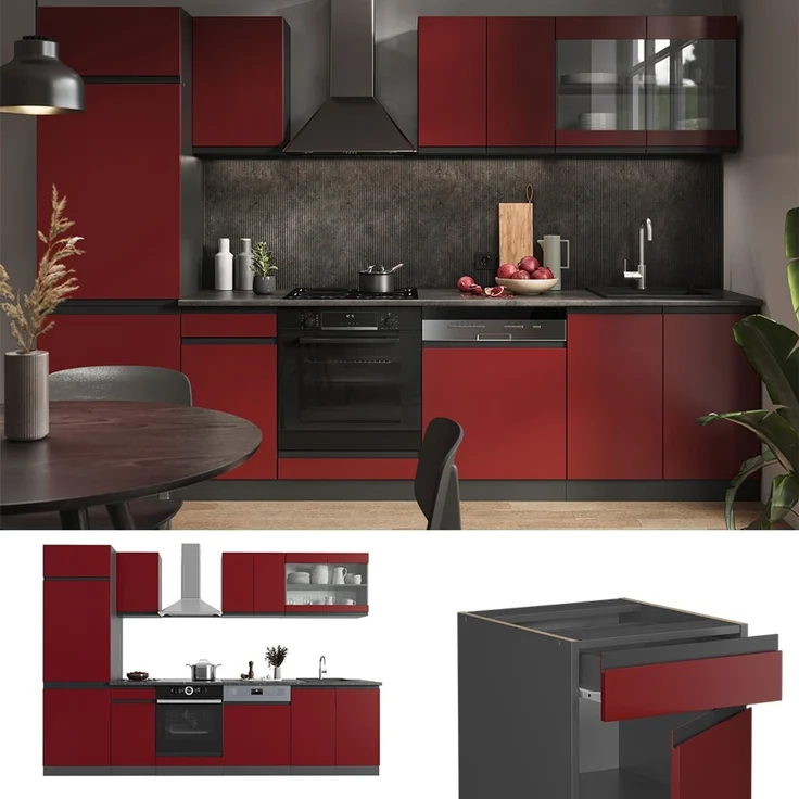 Küchenzeile R-Line Rot/Anthrazit 300 cm J-Shape, AP Marmor Vicco – Bild 2