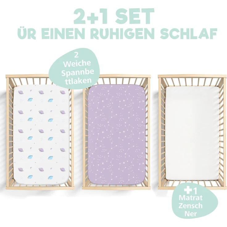 2X Spannbettlaken aus 100% Baumwolle mit Gummiband - 1X Matratzenschoner aus 100% wasserdichtem Material - 3er-Set - 50x83 cm - Weltraum – Bild 2