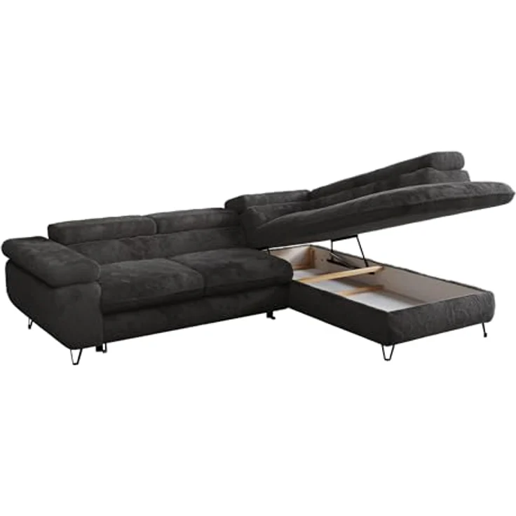 Ecksofa mit Bettfunktion, Modern Sofa, L-form, Einstellbare Kopfstützen, Bettkasten - PETER - Dunkelgrau Plüsch - rechts – Bild 7