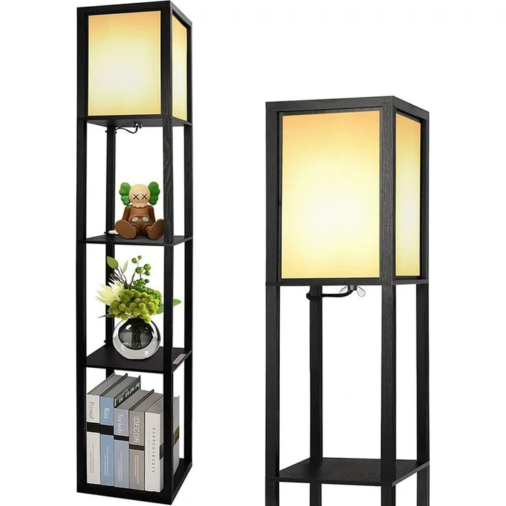 Sunicol LED Stehlampe Stehlampe aus Holz, Stehleuchte mit Regal, Holzablage mit E27 Fassung, Eckregal Regalbeleuchtung Retro für Wohnzimmer Schlafzimmer
