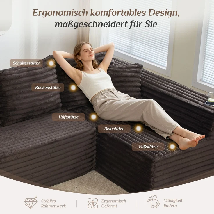 ZUBALIYA Wohnlandschaft 155x88 cm, mit Samtbezug, mit Cordbezug, mit breiten Armlehnen, mit Schaumstoffpolsterung – Bild 5