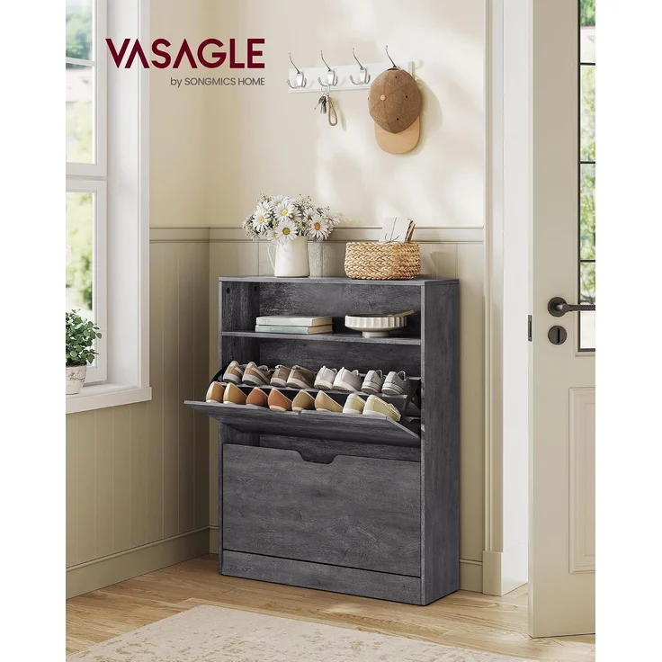 Vasagle Schuhschrank 2 Klappen, Schuhkipper, Schuhregal, Schuhaufbewahrung, offenes Fach, Trennwand verstellbar, für 11-16 Paar Schuhe, Flur, 24 x 80 x 102 cm, nebelgrau LBCDE048G01 – Bild 2