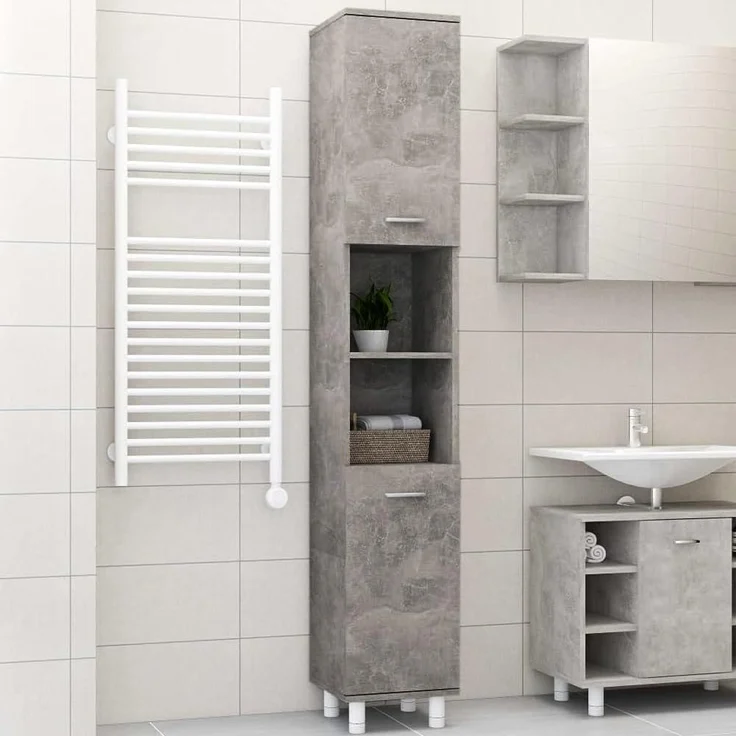 Shally Dogan Hocher, platzsparender Schrank mit 2 Türen, schmaler freistehender Schrank mit 4 Füßen, Mehrzweck-Aufbewahrungsregal, Wohnzimmer, Badezimmer, Küche, Bücherregal, Büro (Beton) – Bild 1