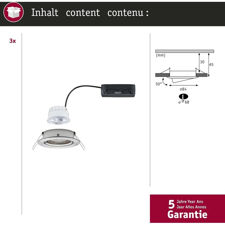 LED Einbauleuchte Nova Coin 3er-Set rund 84mm 50° 3x2,8W 3x505lm 230V 4000K Eisen gebürstet – Bild 5