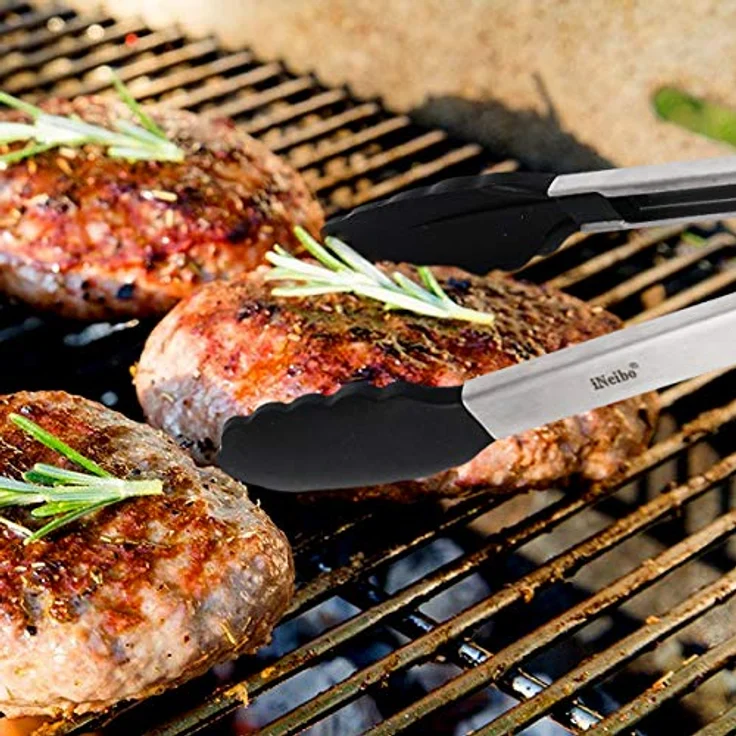 iNeibo Grillzange Küchenzange Zange Küche aus Rostfreim Edelstahl und Silikon Fleischzange Kochzange mit Hitzebeständigem Silikongriff 2er Set 30cm und 23cm Schwarz – Bild 8