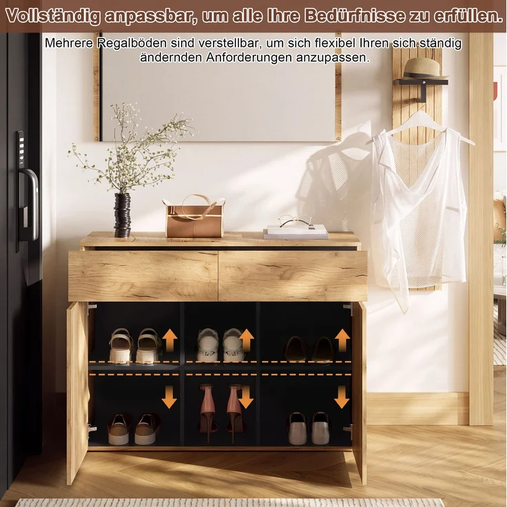 DESVIAE Garderobenschrank-Set 3-tlg. Natural/Schwarz aus MDF/Spanplatte – 125x178x35 cm – Spiegel, Schubladen – Bild 4