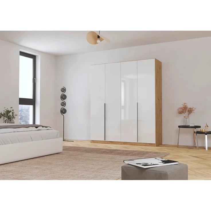 Rauch Möbel Alabama, Kleiderschrank, Garderobenschrank, 4-türig, Zubehör Classic, 2 Kleiderstangen, 5 Einlegeböden, Farbe Hochglanz Weiß/Eiche Artisan, Holz, Griff Grau metallic, 181 x 210 x 57 cm – Bild 2