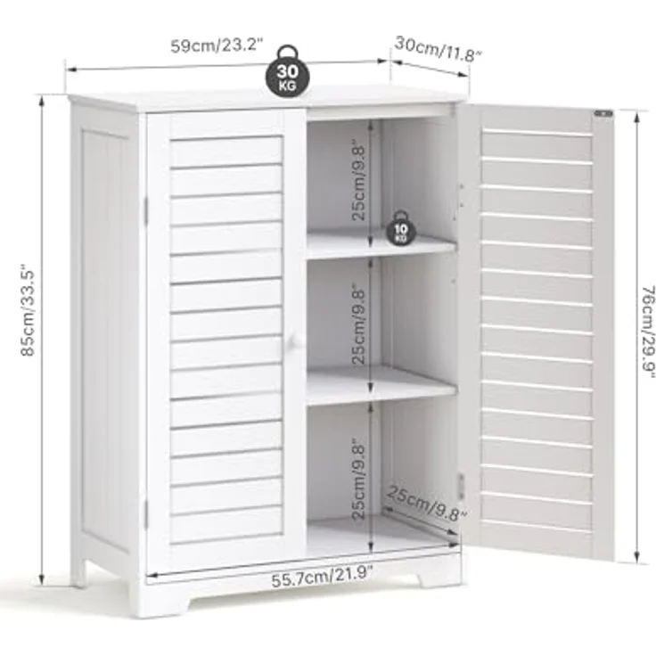 Mondeer Badkommode Badezimmerschrank, mit 2 Lamellentüren und 2 Einlegeböden,60 x 30 x 80 cm, Weiß – Bild 4