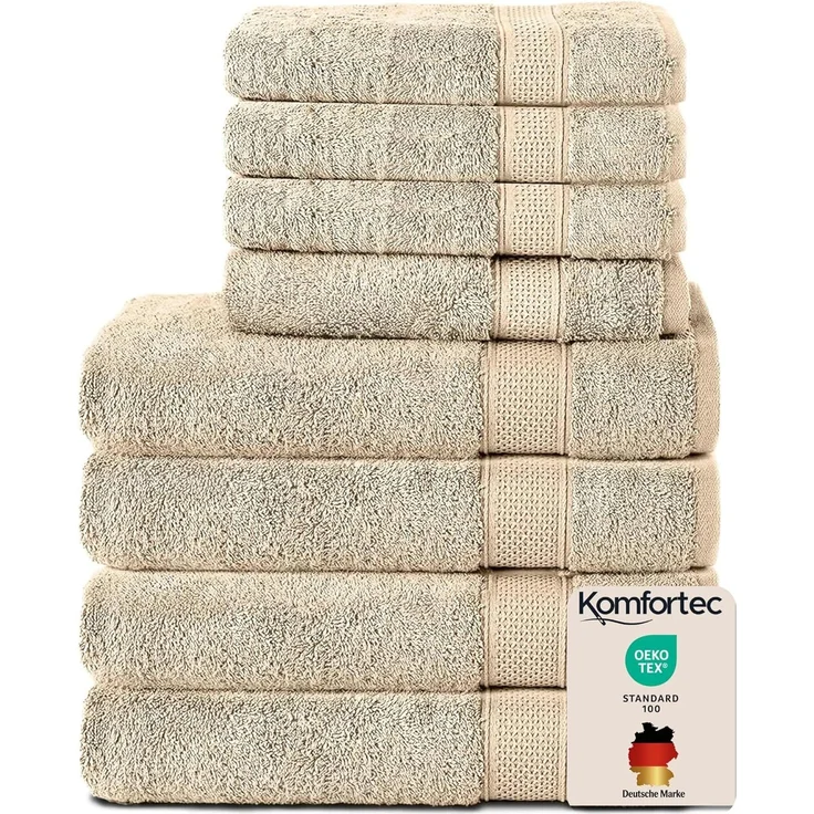 Komfortec 8er Handtuch Set aus 100% Baumwolle, 4 Badetücher 70x140 und 4 Handtücher 50x100 cm, Frottee, Weich, Towel, Groß, Sand/Beige