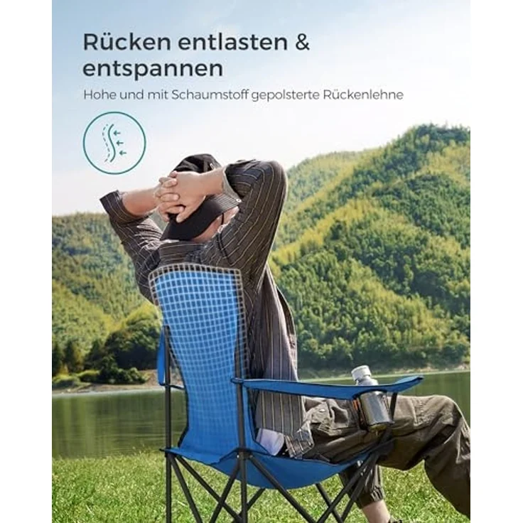 SONGMICS Campingstuhl, klappbar, Klappstuhl, komfortabler mit Schaumstoff gepolsterter Sitz, mit Flaschenhalter, hoch belastbar, max. Belastbarkeit 250 kg, Outdoor Stuhl, blau GCB06BU – Bild 4