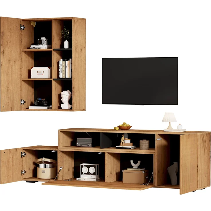 TV Wohnwand-set mit Vitrine (Komplett-Set, 2-St),Mediawand inkl. TV-Board -set und Standregal,TV Wohnzimmermöbel-Set,flexible Länge TV-Schrank bis 265 cm,stehend&hängend,TV bis 120',Holzfarbe+Schwarz--Eiche--100.69x62.23x15.75cm--YOUDENOVA – Bild 2
