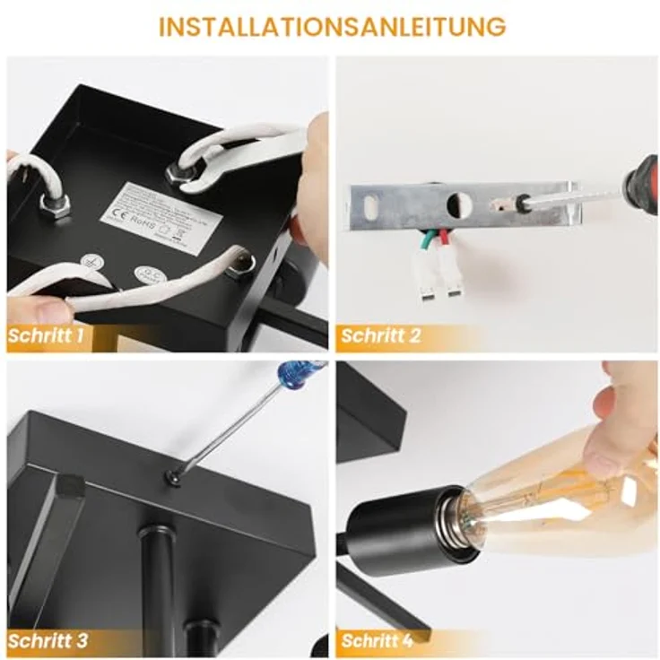 Goeco Deckenleuchte Vintage, Industrial Kronleuchter Lampe E27 4 Flammig Metall, Retro Deckenlampe Schwarz Pendelleuchte für Schlafzimmer, Wohnzimmer, Esszimmer, Küche – Bild 9