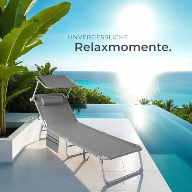 tectake® Sonnenliege klappbar, tragbar, Liege mit Seitentasche, Strandliege, Gartenliege mit Dach, Liegestuhl mit Verstellbarer Rückenlehne, inkl. Kopfkissen - für Balkon, Terrasse, Camping - grau – Bild 9