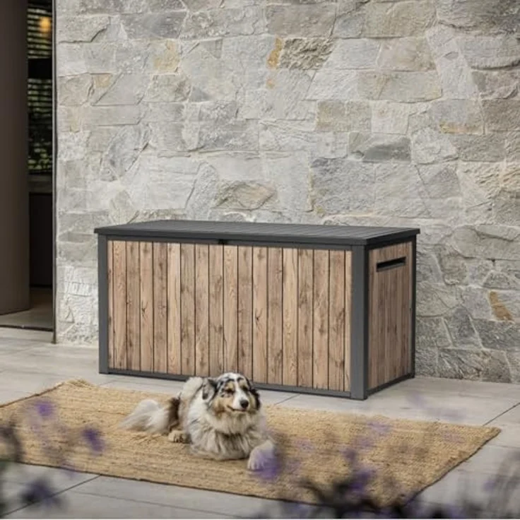 Keter Gartenbox "Sierra" 643L 144x70x73 cm Holzoptik Pinie Deckel bis 272 kg belastbar, Wasserfest, abschließbar – Bild 3