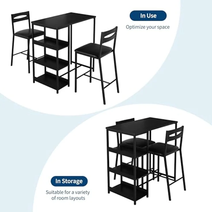 GarveeHome 3-Teiliges Esszimmer-Set Mit 2 Stühlen Und 1 Tisch, Platzsparender Esstisch Mit 3 Offenen Ablageflächen, Hoher Esszimmerstuhl Mit PU-Leder Sitzkissen, Für Esszimmer Und Wohnzimmer – Bild 6