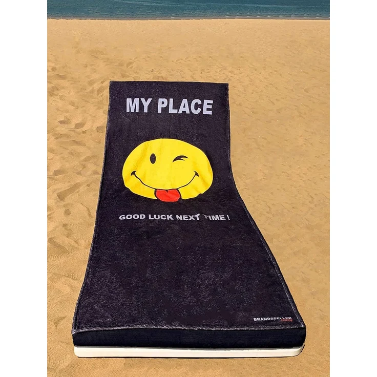 Brandsseller Schonbezug für Gartenliege, Strandliegenauflage, Frottee Schonbezug, 55% Baumwolle 45% Polyester - ca. 75x200 cm (Smiley Schwarz - Good Luck) – Bild 4