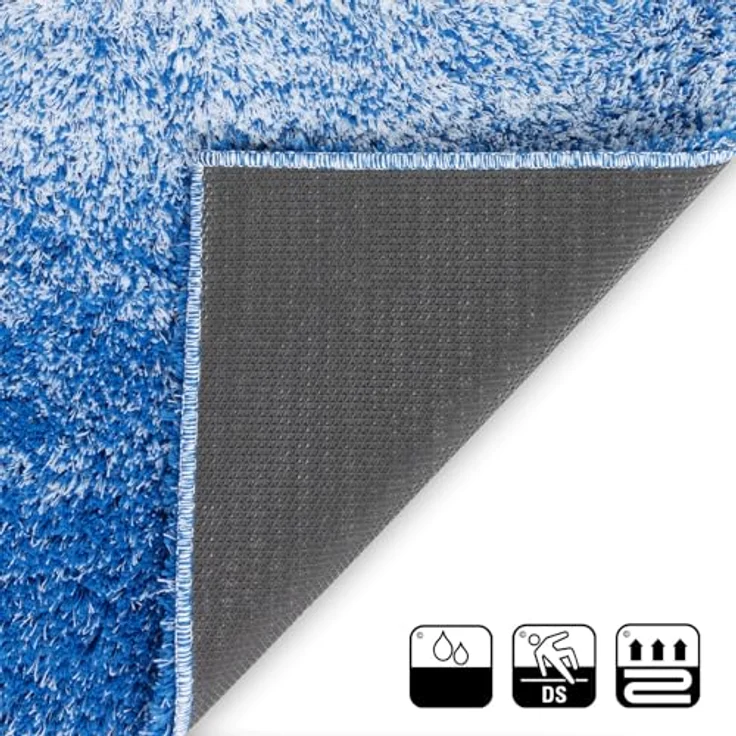 Floordirekt Badematte Wave, Rund, Flauschiger Badteppich, Rutschfest und Waschmaschinenfest, Schadstoffgeprüft, Blau/Weiß, 50 x 80 cm – Bild 4