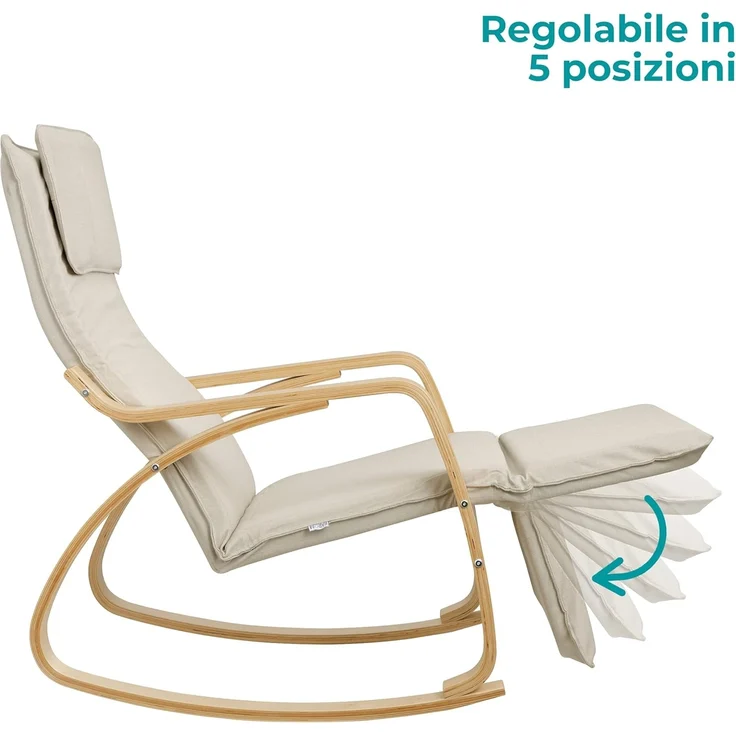 Baroni Home Schaukelstuhl mit Armlehnen aus Holz, ergonomischer Schaukelsessel mit Kopfstütze, 5-Höhen Fußstütze, bis 150 kg, Schlaf- und Wohnzimmer, Beige, 82 x 67 x 98 cm – Bild 5