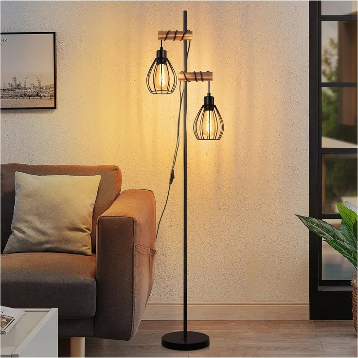 Nettlife Stehlampe Stehleuchte 2 Flammig schwarz Vintage aus Holz 151cm, mit Kippschalter, LED wechselbar, für Wohnzimmer schlafzimmer Esszimmer Büro