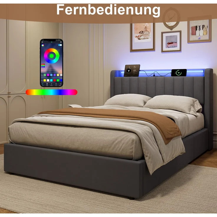 Polsterbett 140 x 190 cm aus Samt mit integriertem Stauraum, USB-Anschluss und LED-Beleuchtung, Dunkelgrau – Bild 8