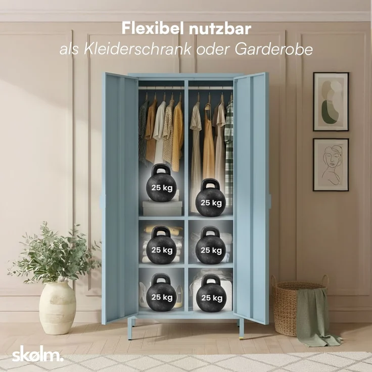 skølm 'Ituri' Kleiderschrank, Metall, 170x45x80 cm, blau, Garderobe mit 4 Fächern und 2 Kleiderstangen – Bild 5