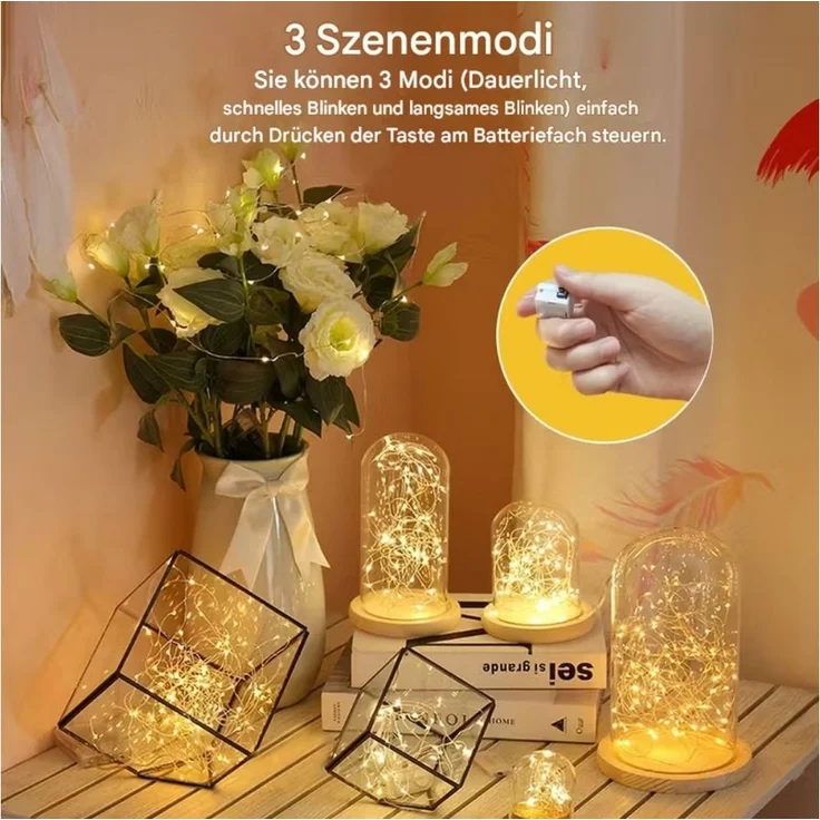 Montegoni Lichterkette LED Lichterkette 20er Set warmweiß 2m Batteriebetrieben 3 Modi, 3 Beleuchtungsmodi, flexibler Kupferdraht, batteriebetrieben – Bild 2