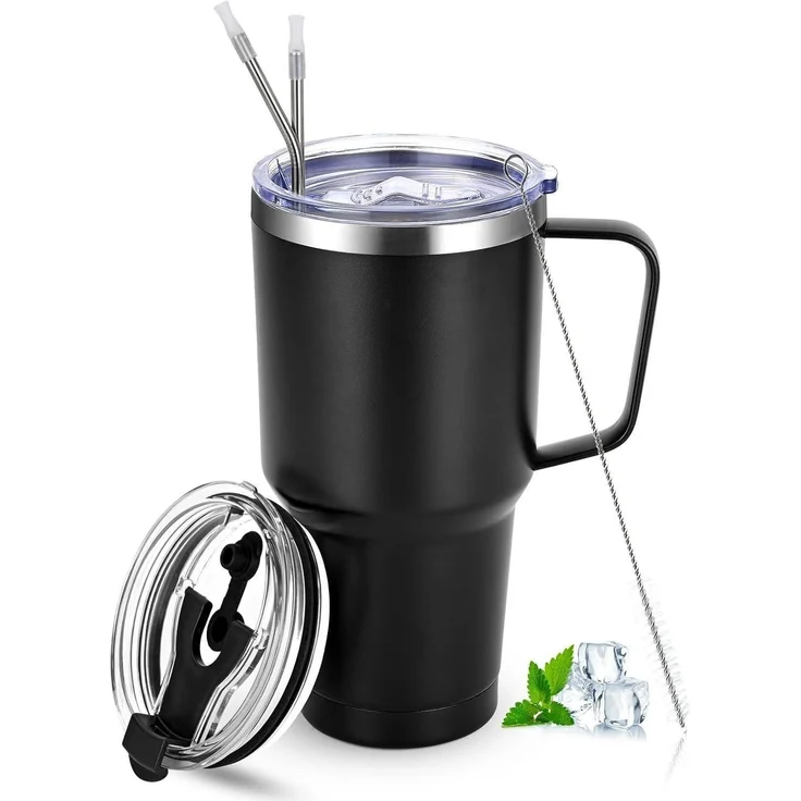 Livole 30oz 900ml Doppelwandiger Thermobecher mit Strohhalm Henkel Schwarz – Bild 8