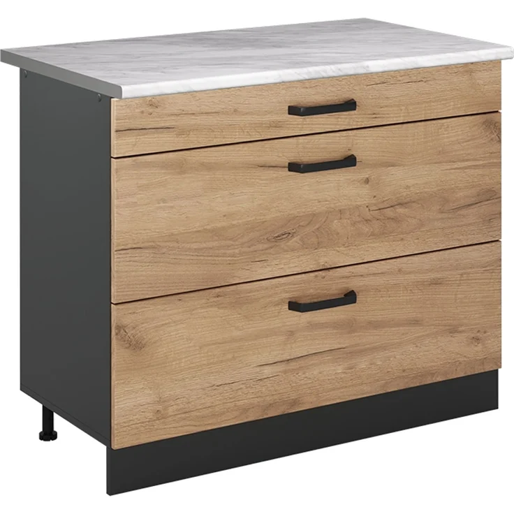 Küchenunterschrank R-Line Goldkraft Eiche/Anthrazit 100 cm Arbeitsplatte Marmor Vicco – Bild 1