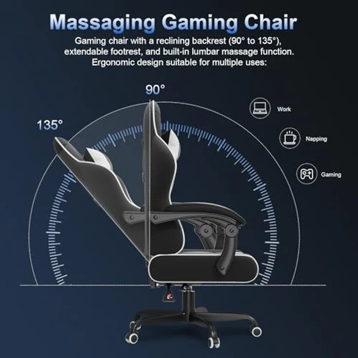 JUMMICO “Jetstream” Gaming Stuhl Ergonomisch,Gaming Chair mit Massagefunktion, Bürostuhl 150KG,Weiß – Bild 6