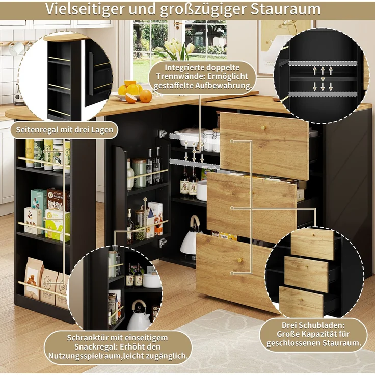 Ausziehbarer Bartisch 138–204×39×104 cm, 360° Dreh- und Ausziehfunktion, Wellendekor-Türen, 3 Schubladen, 3-stufiges Seitenregal, 104cmx138-204cmx39cm, Schwarz – Bild 5