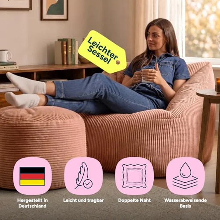 Icon Natalia Sitzsack Sessel mit Hocker für Erwachsene, Rosa, Flauschiger Cord Stoff, Riesen Sitzsack Cord mit Füllung, Bean Bag Chair, Bequemer Sessel Wohnzimmer, Lounge, Schlafzimmer, Büro – Bild 4