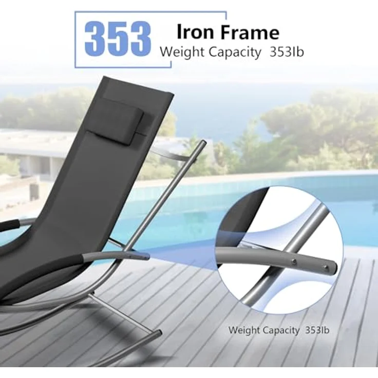 GarveeHome 3-Teiliges Outdoor-Lounge-Set Mit 2 Liegen Und 1 Couchtisch, Textilene-Schaukelstuhl Mit Gebogenem Metallrahmen, Liegestuhl Mit Kissen, Für Poolbereich, Terrasse Und Garten – Bild 7