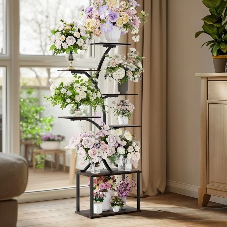 UNHO Pflanzenregal Blumenregal Blumentreppe Schwerlast Blumenständer Balkon Garten Pflanzentreppe Pflanzen Regal Metall 50x26x151 cm Schwarz