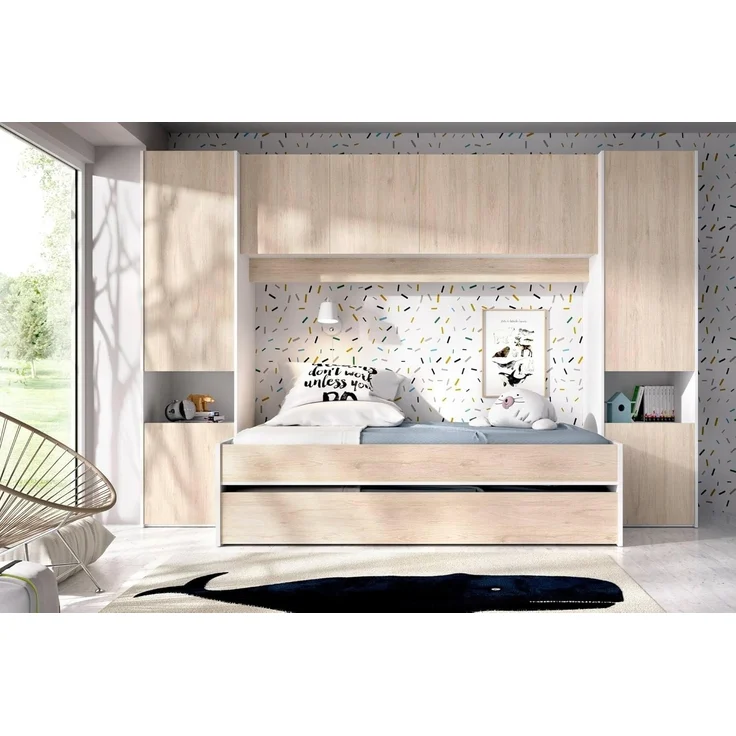 Dmora - Kinderbett Venturosa, Komplettes Schlafzimmer mit Bridge-Kleiderschrank und Kommode, Komposition mit Bett und Einzelausziehbett, 303 x 97 x 203 cm, Eiche und Weiß – Bild 6