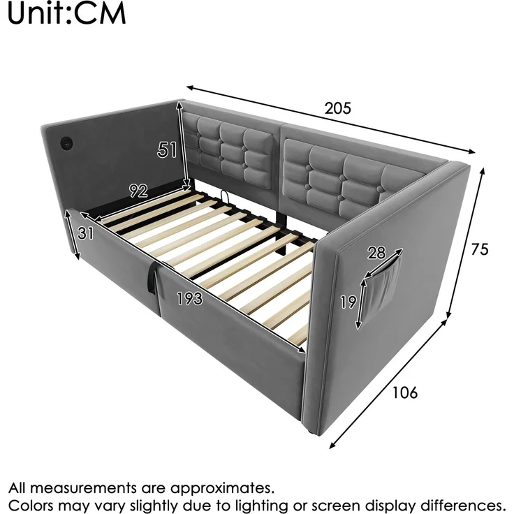 Polstertes Schlafsofa 205×106×75cm,Samt mit hydraulischem Stauraum, USB- & Type‑C‑Ladestation,Grau – Bild 9