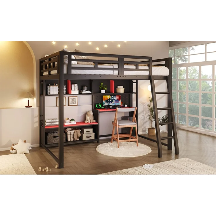 U-life Metall Etagenbett 140x200 cm, für Jugendliche, LED-Beleuchtung, MDF, Schwarz – Bild 8