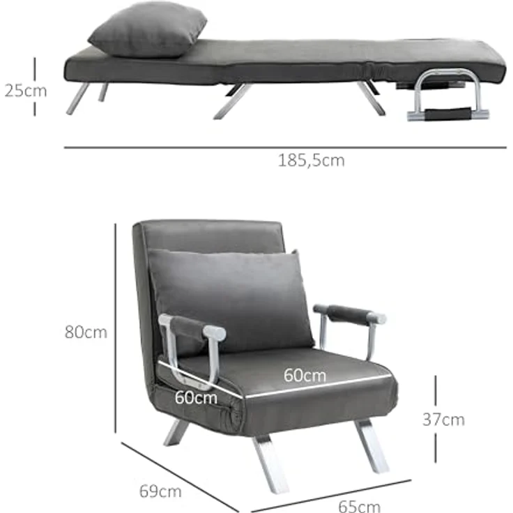 HOMCOM Sessel mit Armlehne, 3-in-1 Gästebett, Klappmatratze, Klappbett (Schlafsessel, 1-St, Schlafsofa), für Wohnzimmer, Hellgrau – Bild 4