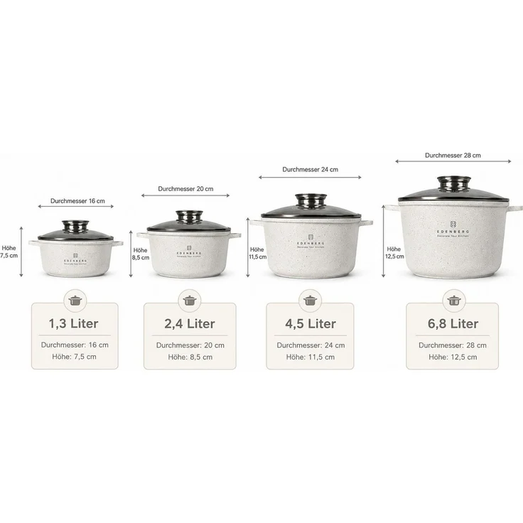 Edenberg Topf-Set Wunderschönes Set beigefarbener Töpfe in 4 verschiedenen Größen, Keramik, Aluminium, Edelstahl, Aluminiumguss (Dank seines eleganten Designs und der praktischen Ausstattung ist dieses Set außerdem eine ideale Geschenkidee für Hochzeit... – Bild 2